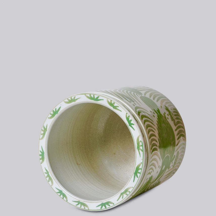 Green and White Porcelain Fish and Lotus Cachepot