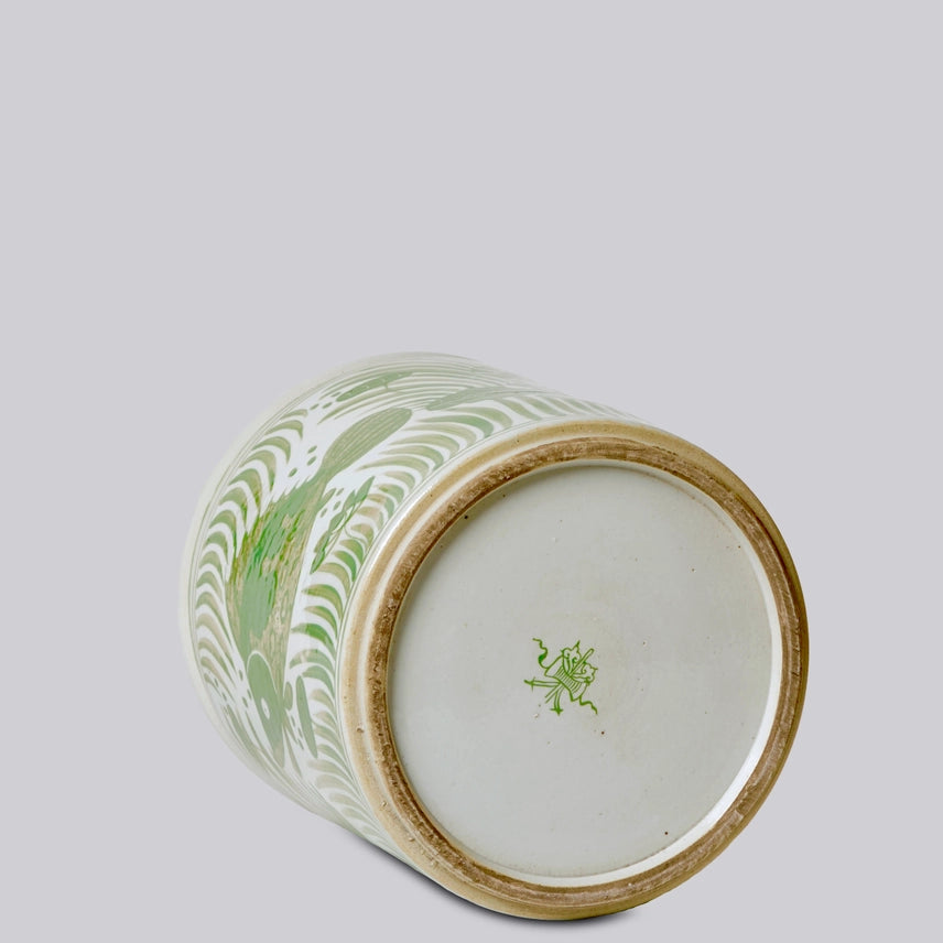 Green and White Porcelain Fish and Lotus Cachepot