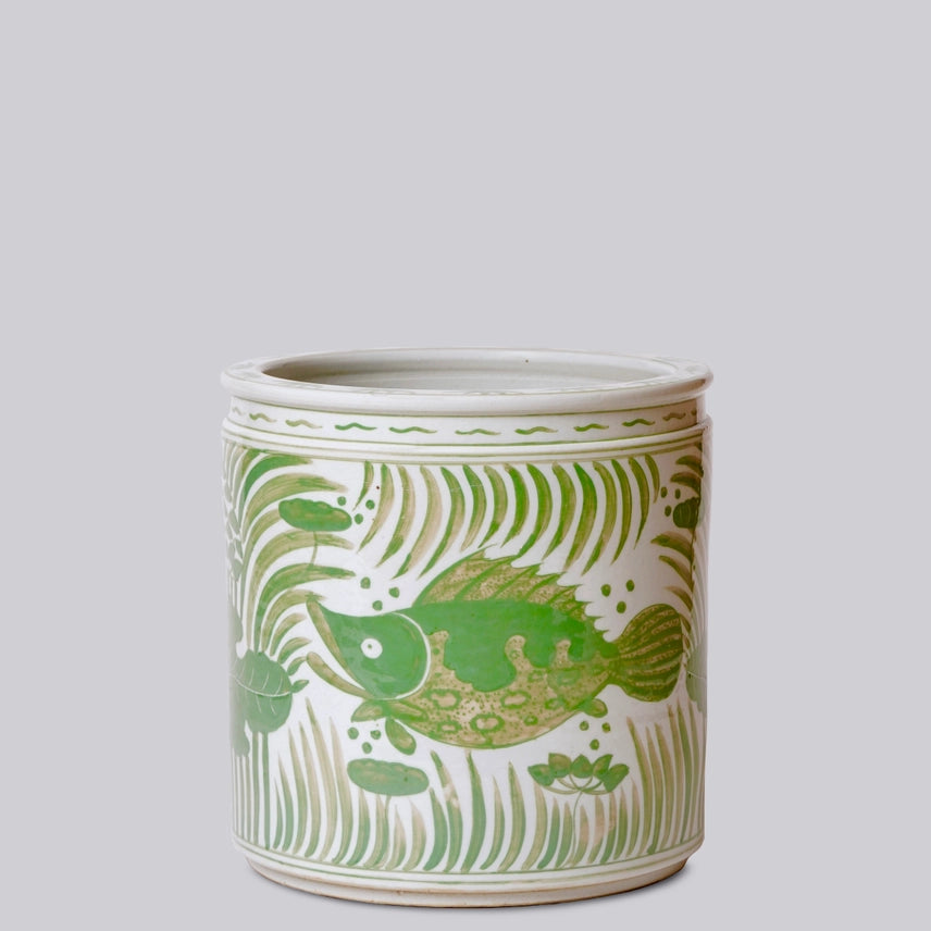 Green and White Porcelain Fish and Lotus Cachepot