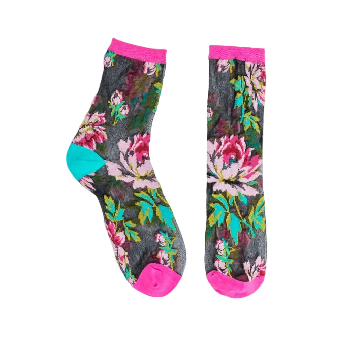 English Rose Black Sheer Crew Sock