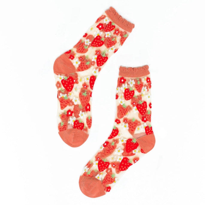 Strawberry Daisy Ruffle Sheer Crew Sock