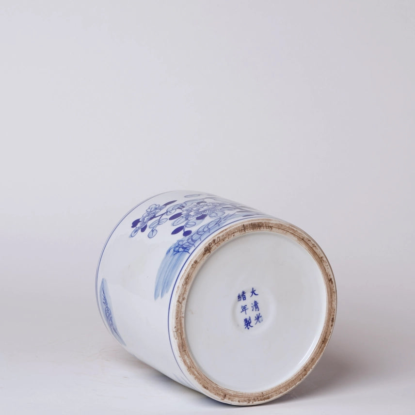 Small Blue + White Porcelain Bird and Flower Cachepot
