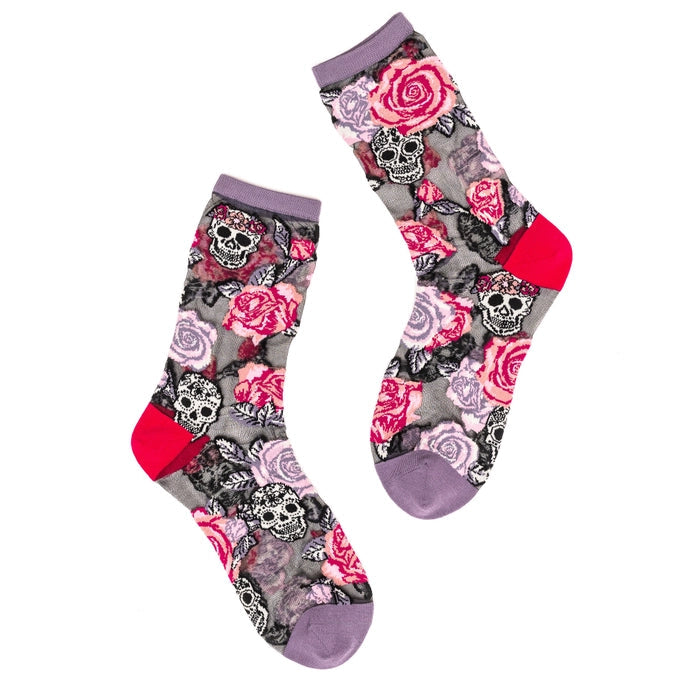 Skulls + Roses Black Sheer Crew Sock