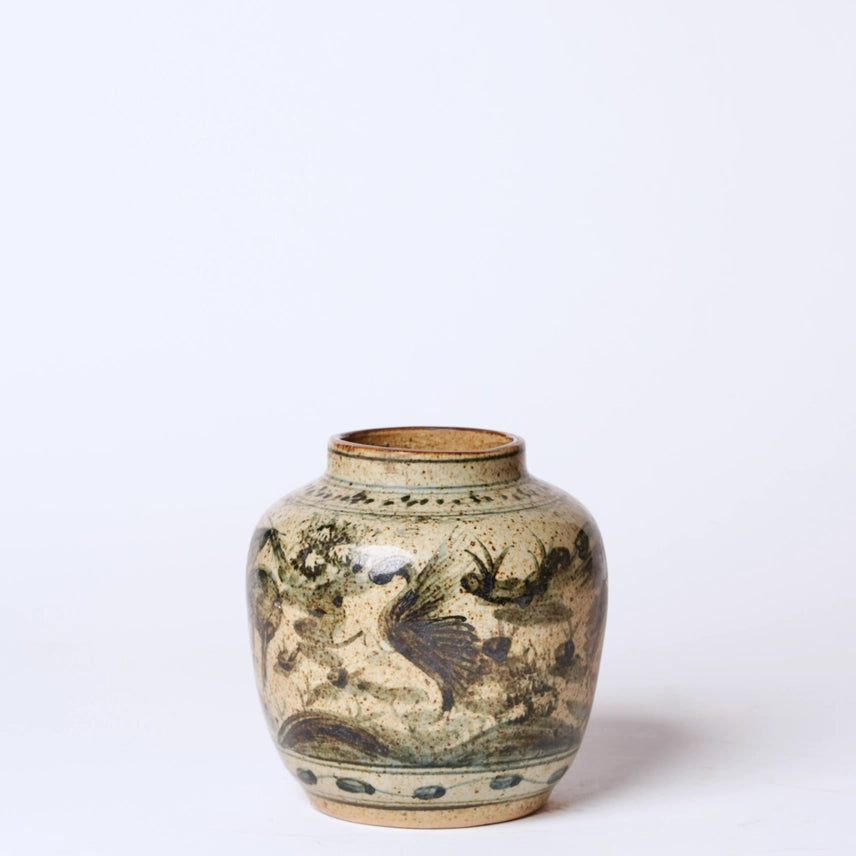 Rustic Porcelain Crane + Deer Small Round Vase