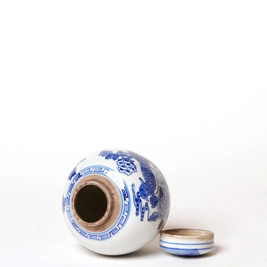 Blue + White Porcelain Golden Pheasant Round Storage Jar