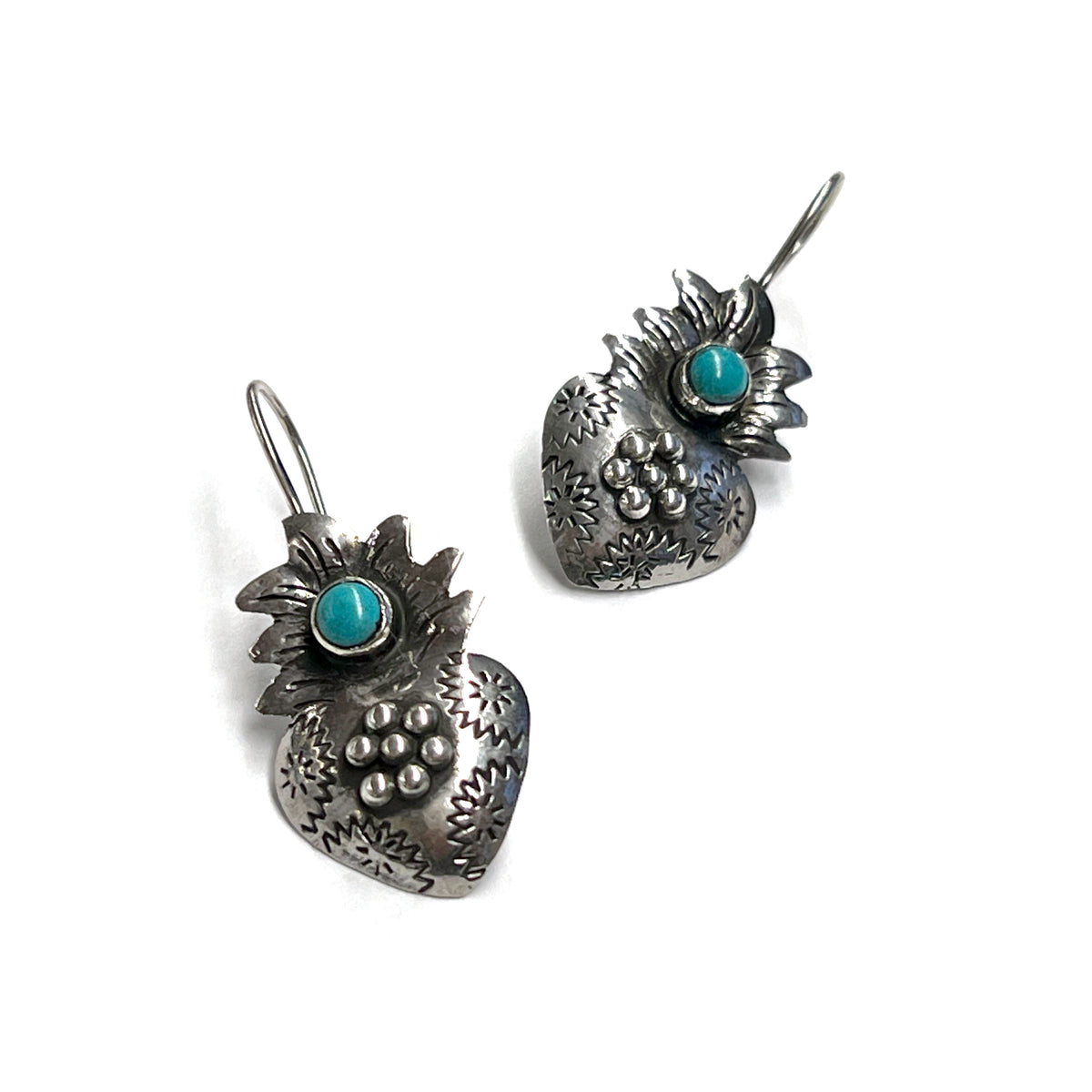 Sterling Silver + Turquoise Flaming Heart Earrings