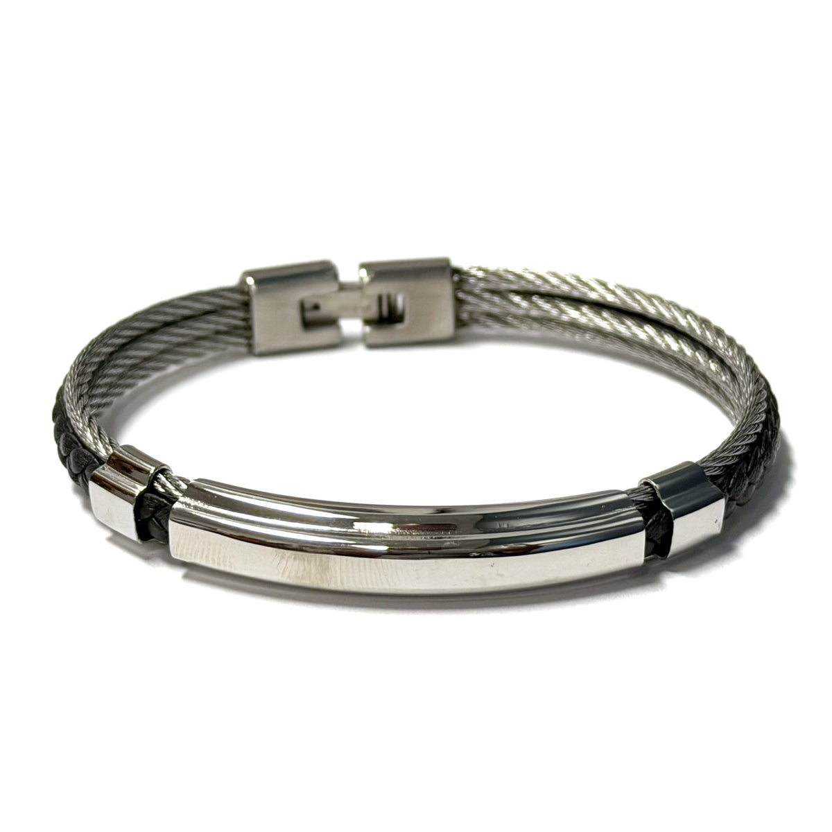 Black Leather Stainless Steel Wire Bangle