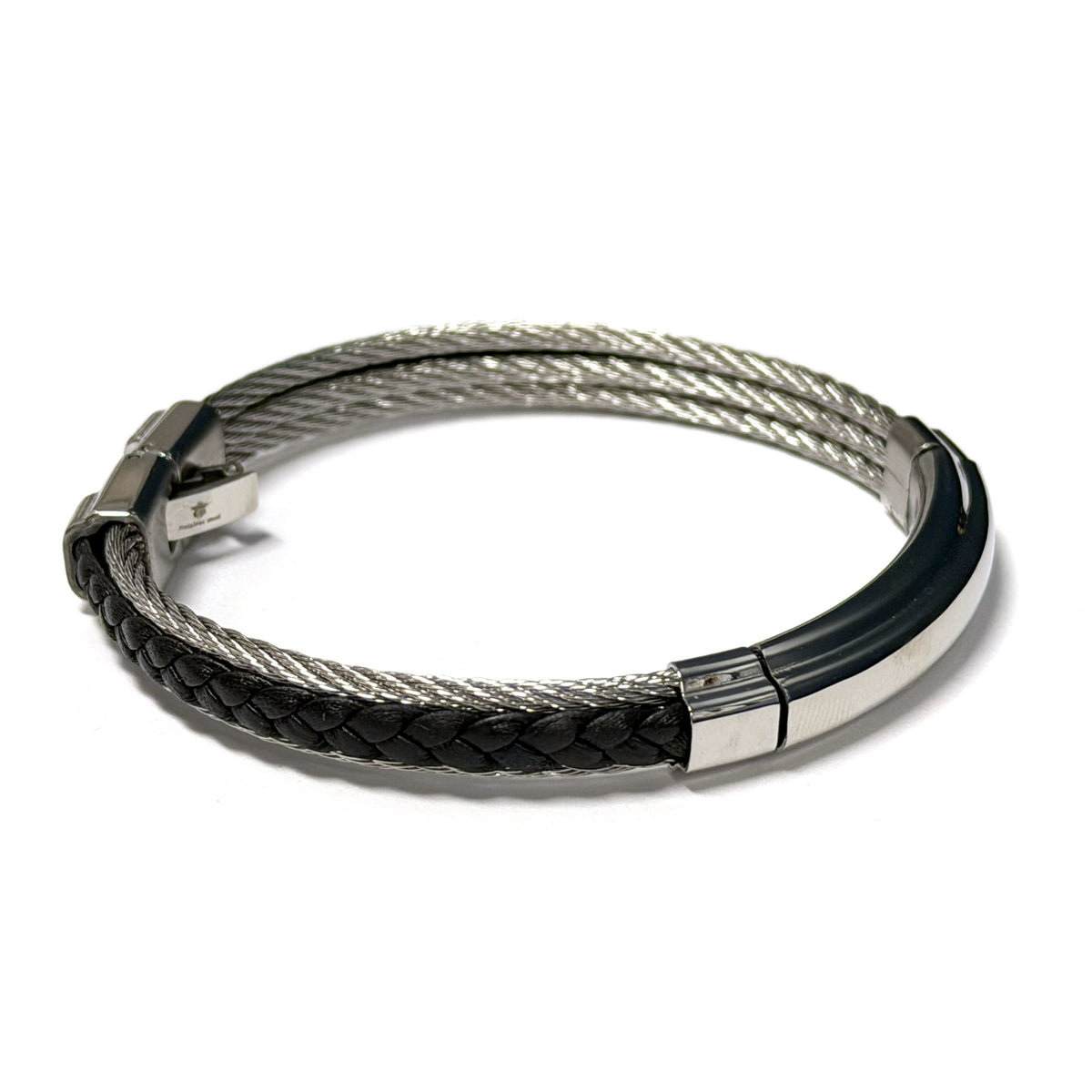 Black Leather Stainless Steel Wire Bangle