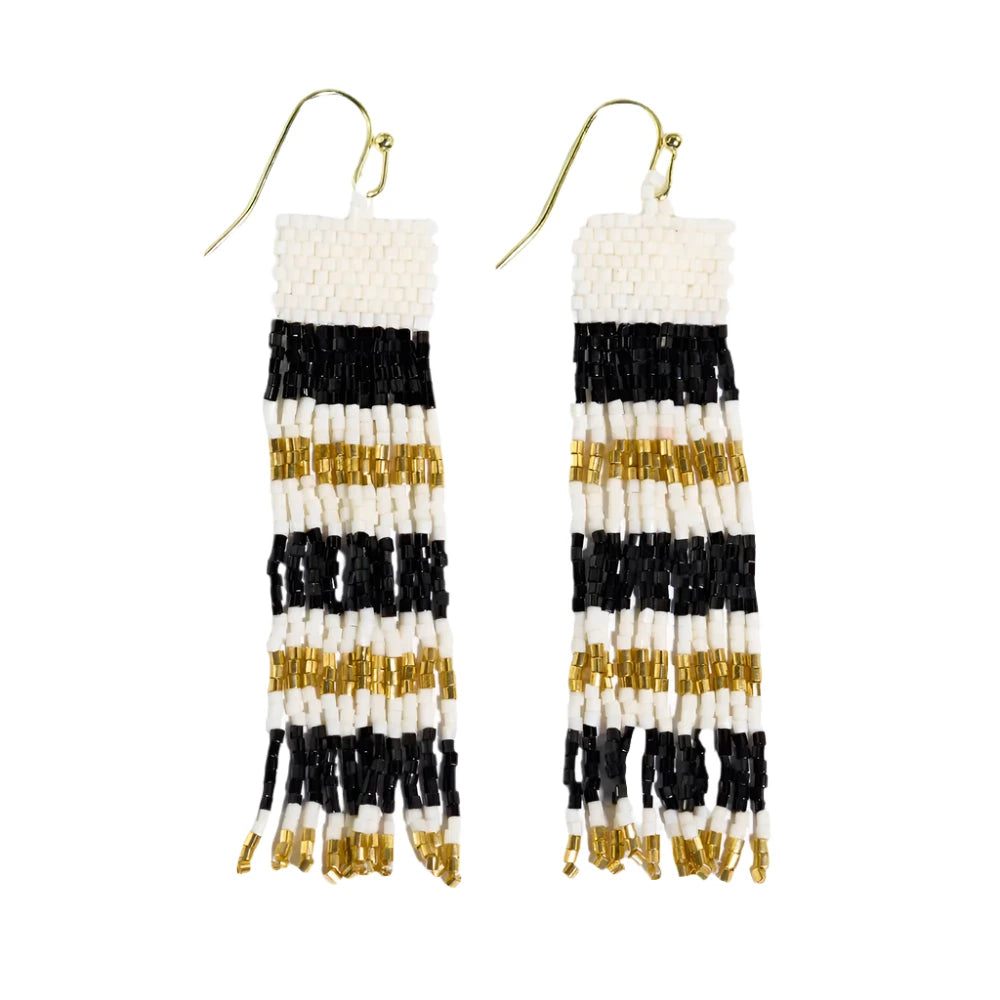 Billie Mixed Horizontal Stripes Beaded Fringe Earrings Black + Gold