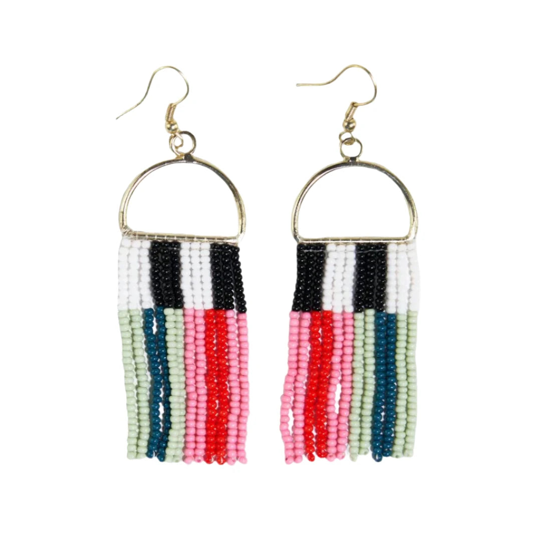 Allison Vertical Stripes Beaded Fringe Earrings Tomato Red