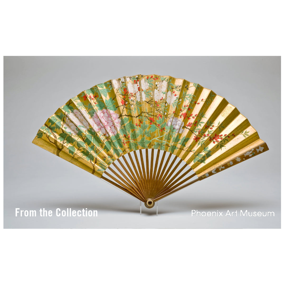 PhxArt Replica Peonies, Morning Glories, Cherries and Chinese Silk Fan with Box