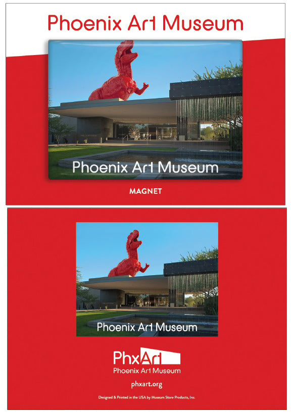 Red Dino Looming over PAM Lobby Magnet on Card