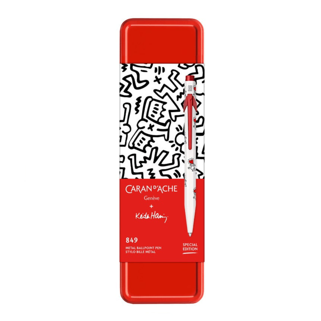 Stylo à bille blanc Caran d&#39;Ache Keith Haring 849™ dans une boîte en métal