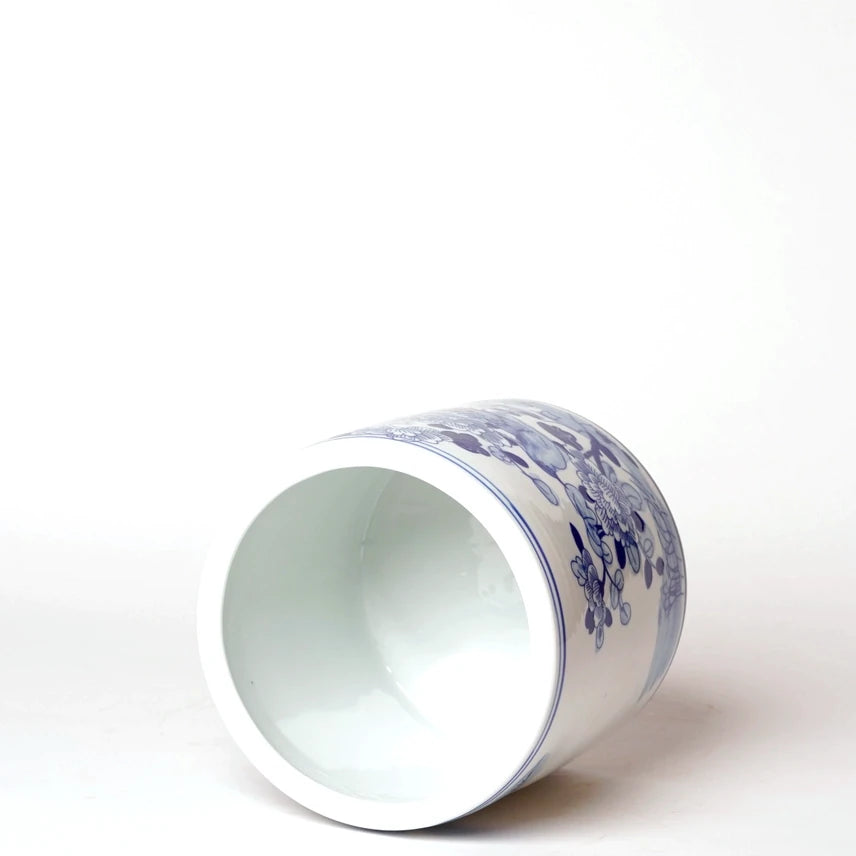Small Blue + White Porcelain Bird and Flower Cachepot