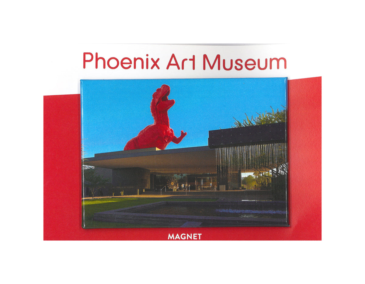 Red Dino Looming over PAM Lobby Magnet on Card