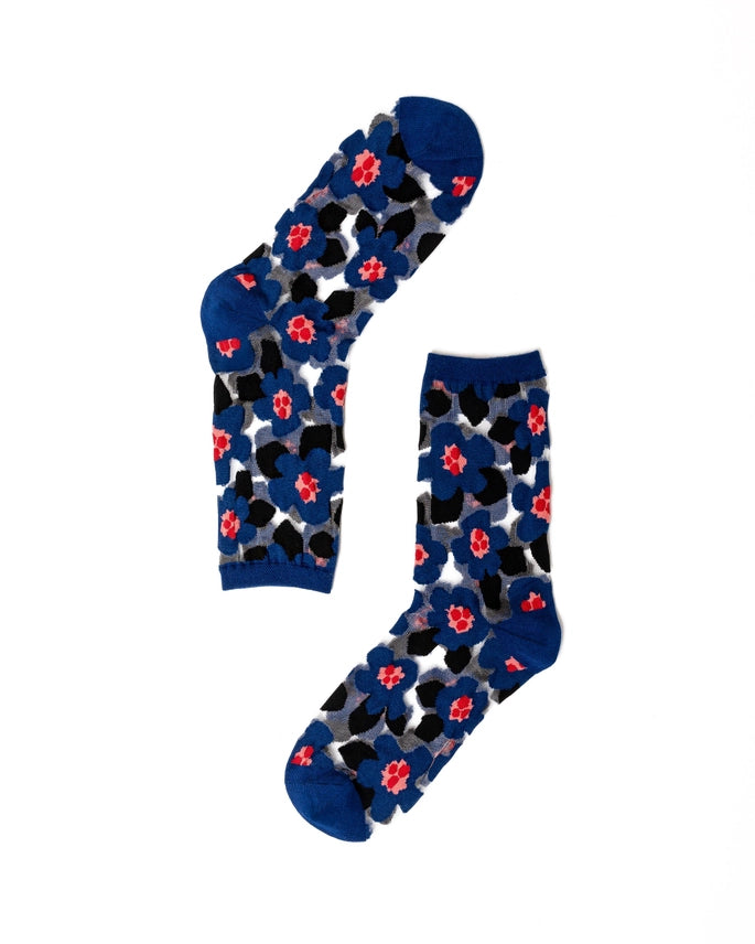 Blue Bold Floral Sheer Crew Sock