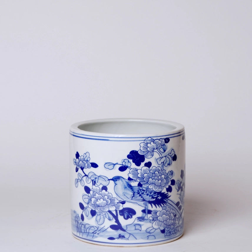 Small Blue + White Porcelain Bird and Flower Cachepot