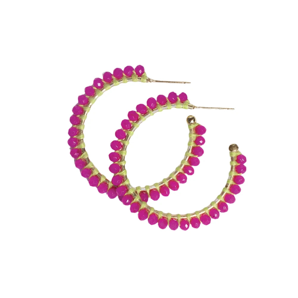 Lillian Crystal Threaded Beads Hoop in Hot Pink