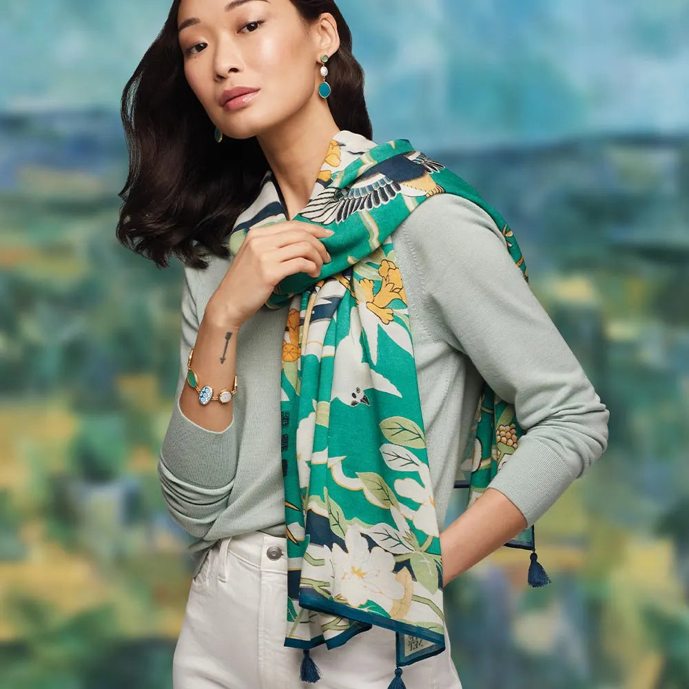 Ming Birds and Flowering Branches Oversize Oblong Scarf