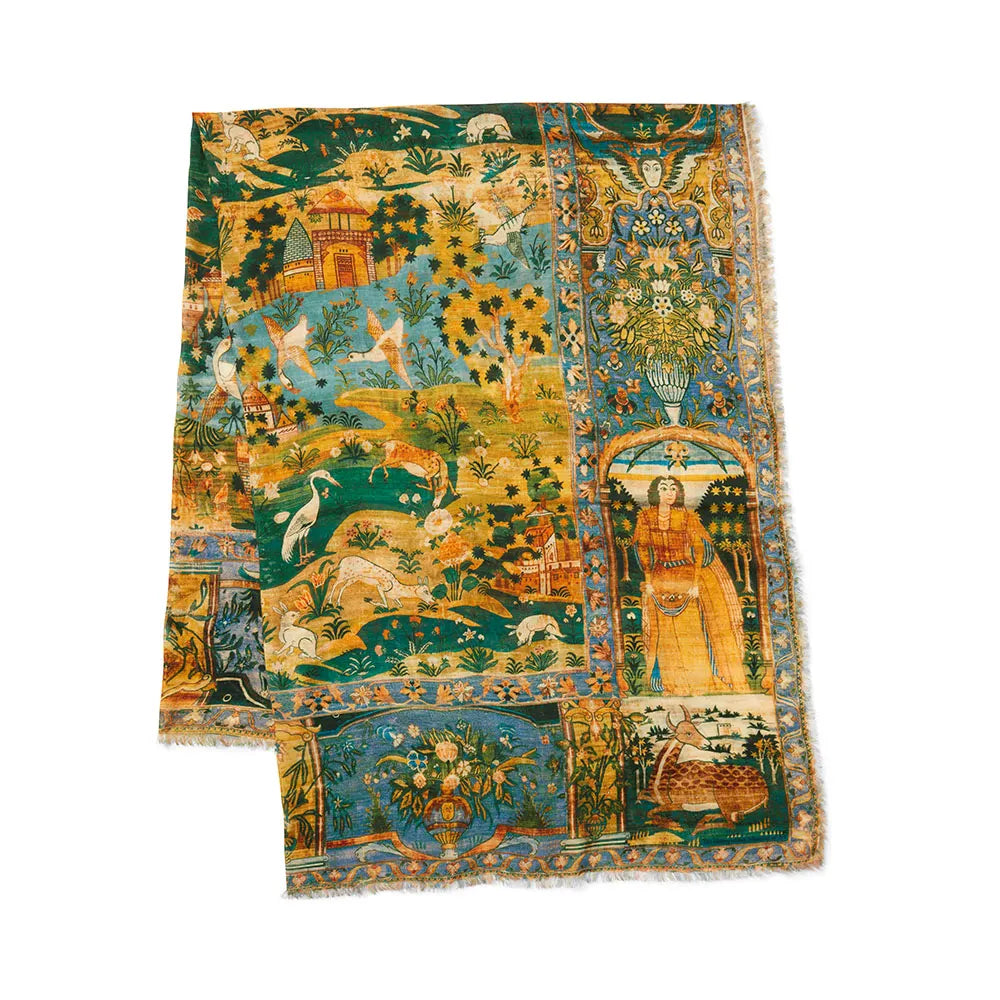 Persian Pictorial Textile Oversize Oblong Scarf