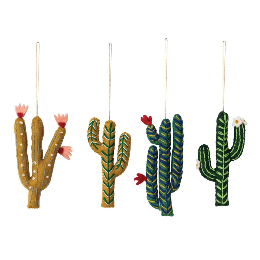Handmade Wool Felt Cactus Ornament with Flowers/Embroidery